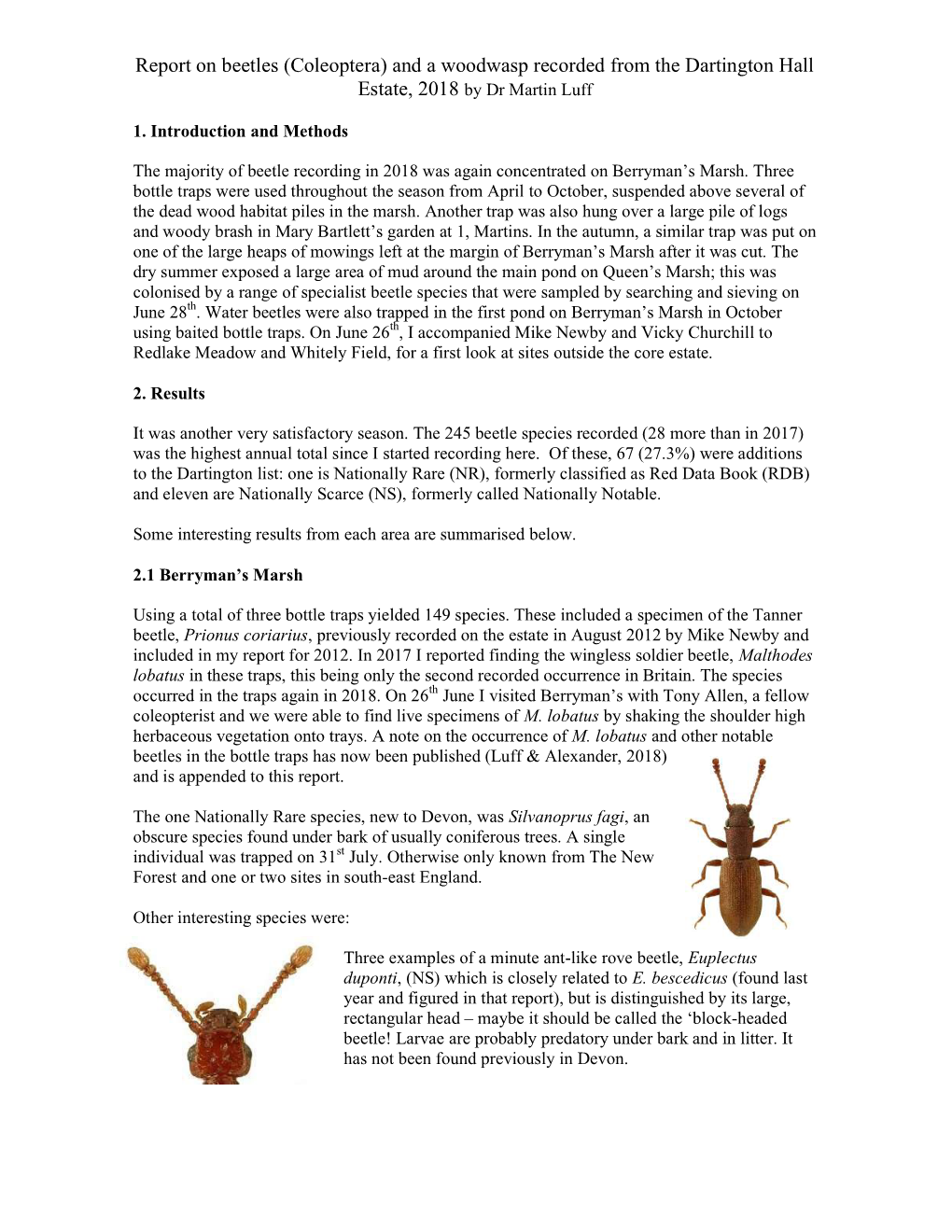 Report on Beetles (Coleoptera) and a Woodwasp Recorded from the Dartington Hall Estate, 2018 by Dr Martin Luff