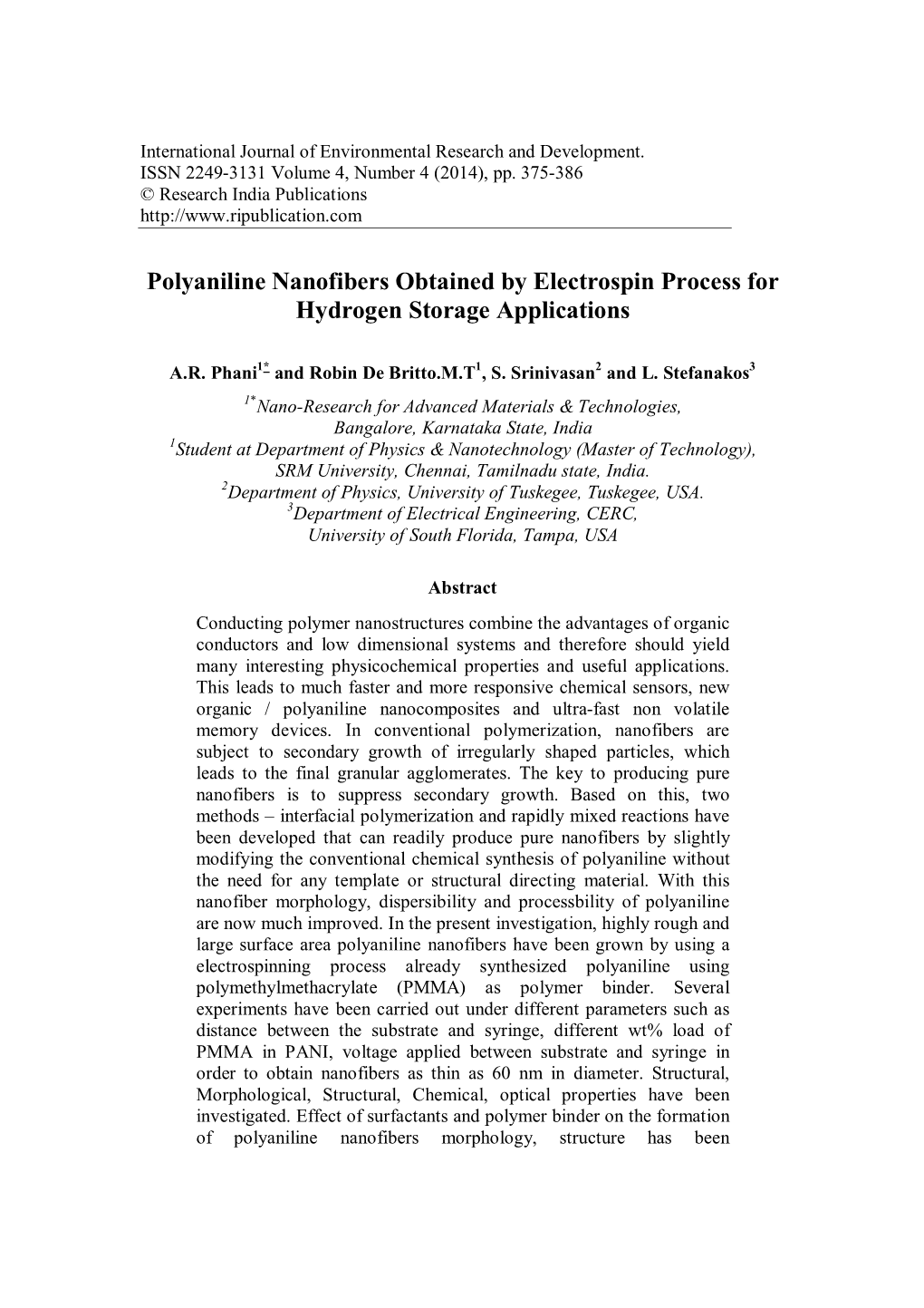 Polyaniline Nanofibers Obtained by Electrospin Process for Hydrogen Storage Applications