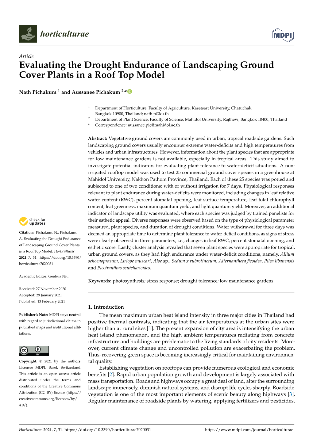 Evaluating the Drought Endurance of Landscaping Ground Cover Plants in a Roof Top Model