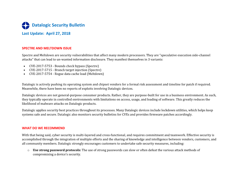 Datalogic Security Bulletin Last Update: April 27, 2018