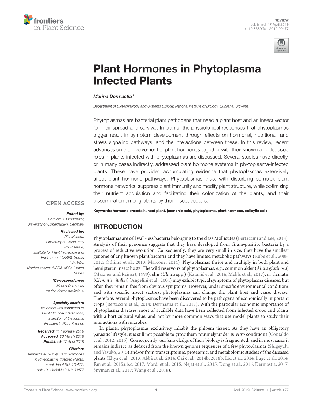 Plant Hormones in Phytoplasma Infected Plants