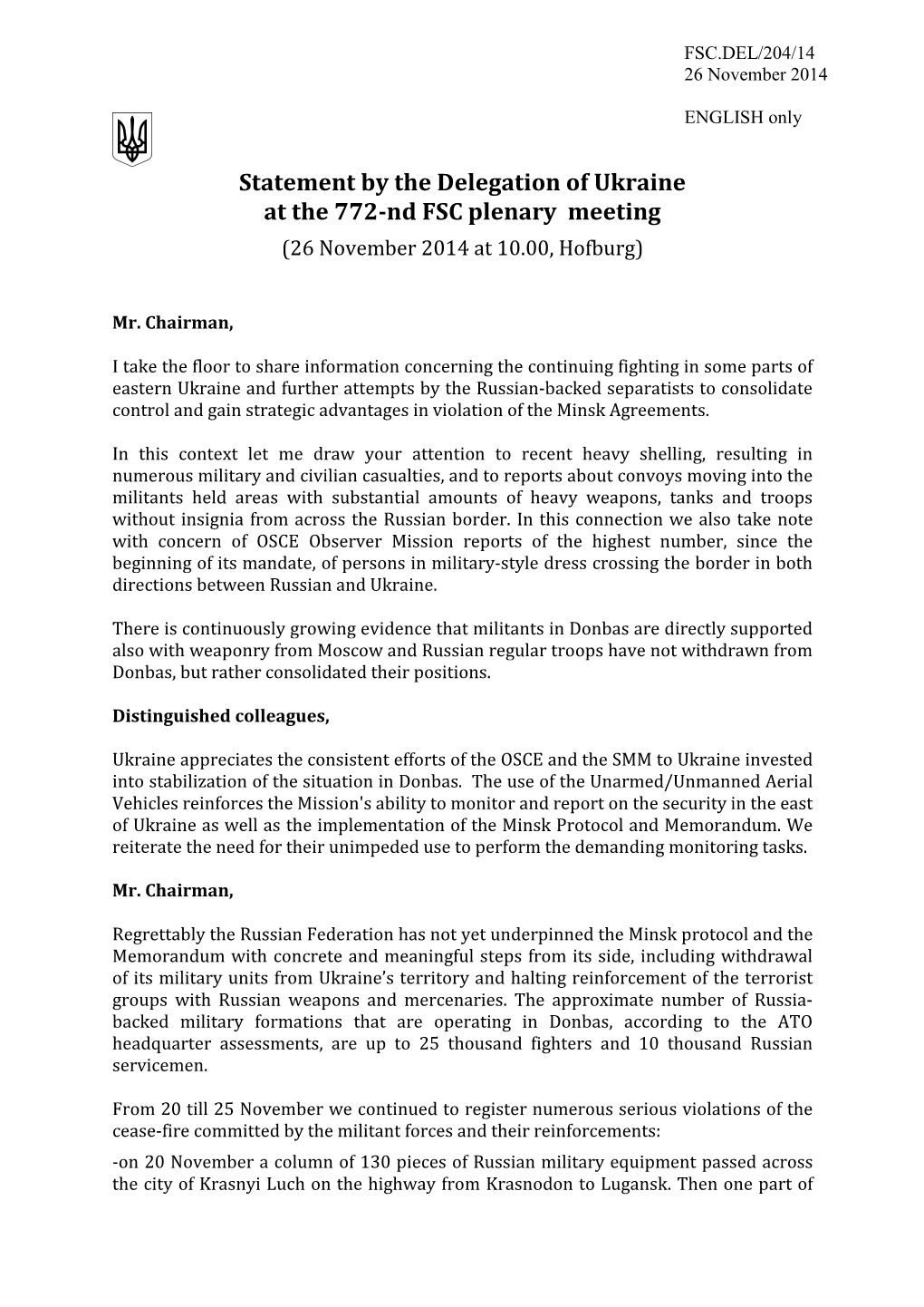 Statement by the Delegation of Ukraine at the 772-Nd FSC Plenary Meeting (26 November 2014 at 10.00, Hofburg)