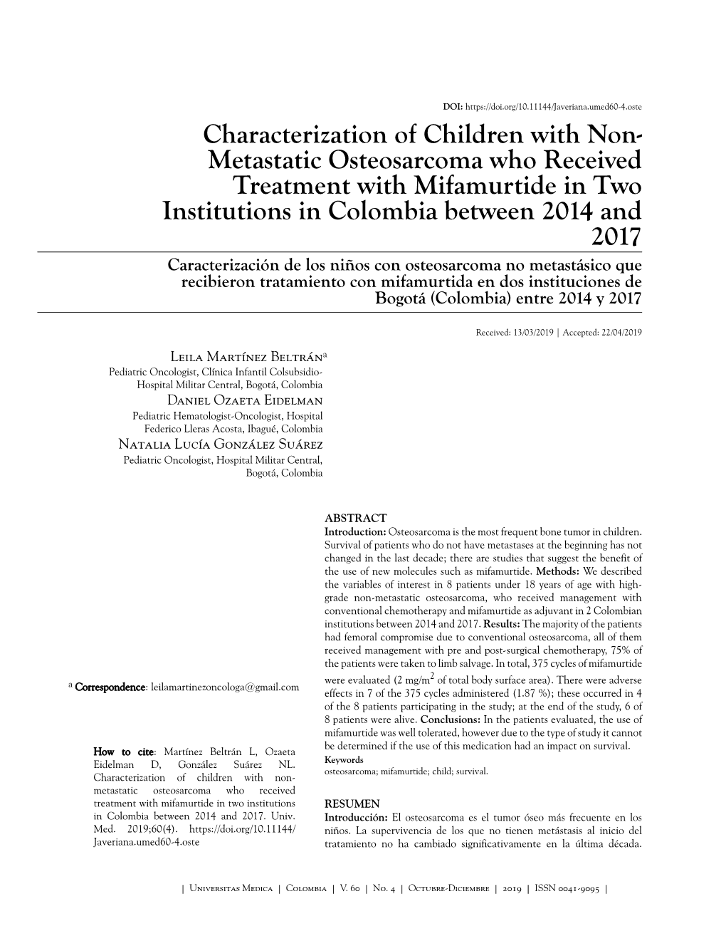 Metastatic Osteosarcoma Who Received Treatment with Mifamurtide in Two Institutions in Co