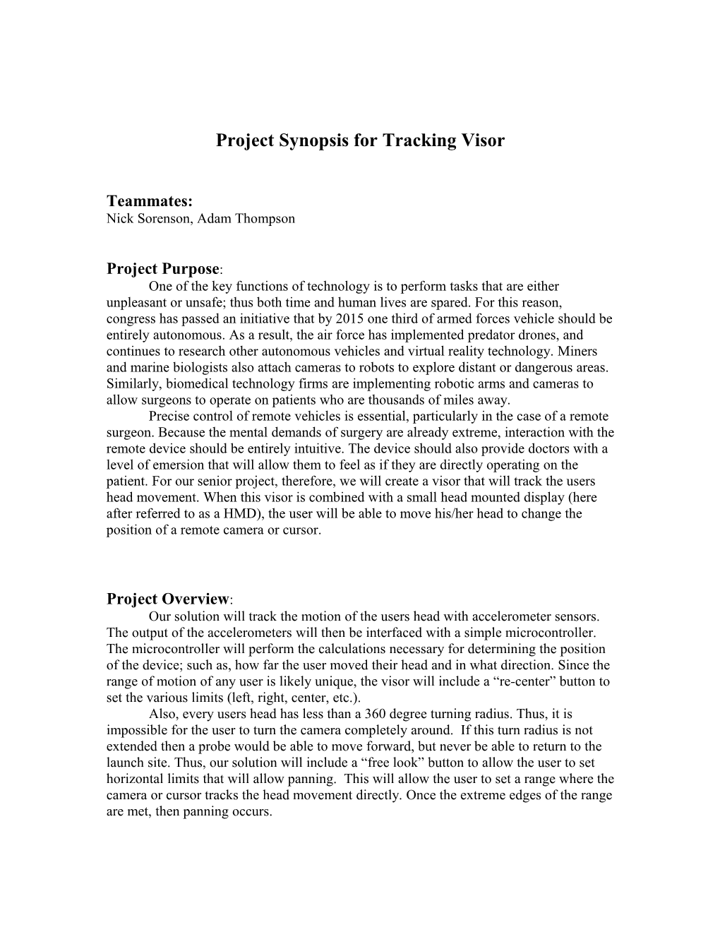 Project Synopsis for Tracking Visor