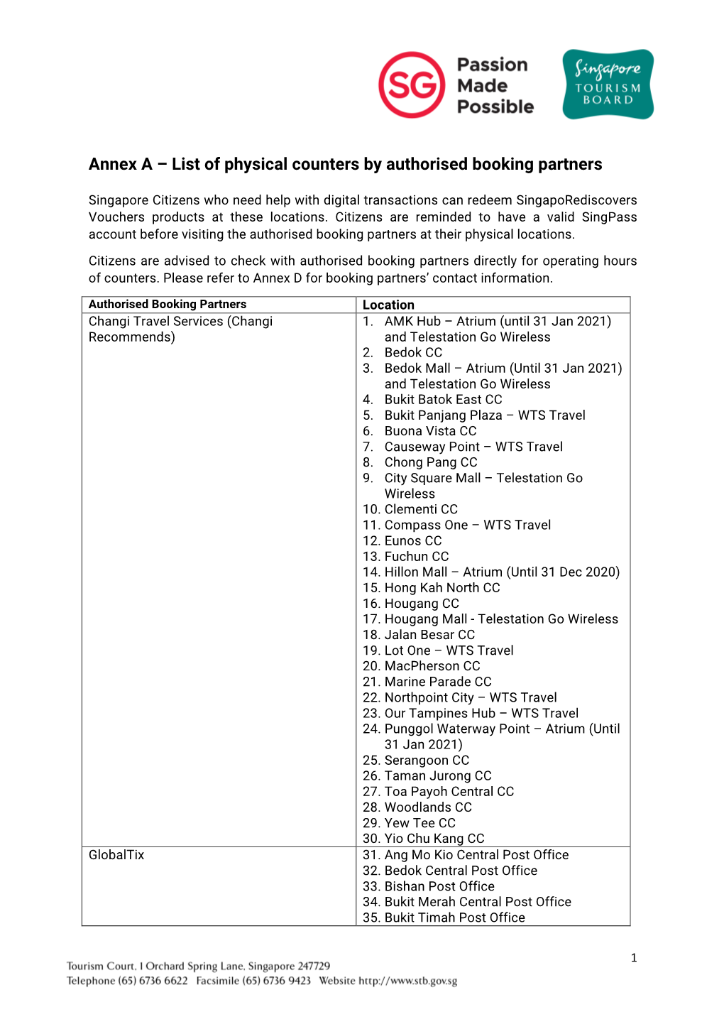 Annex a – List of Physical Counters by Authorised Booking Partners