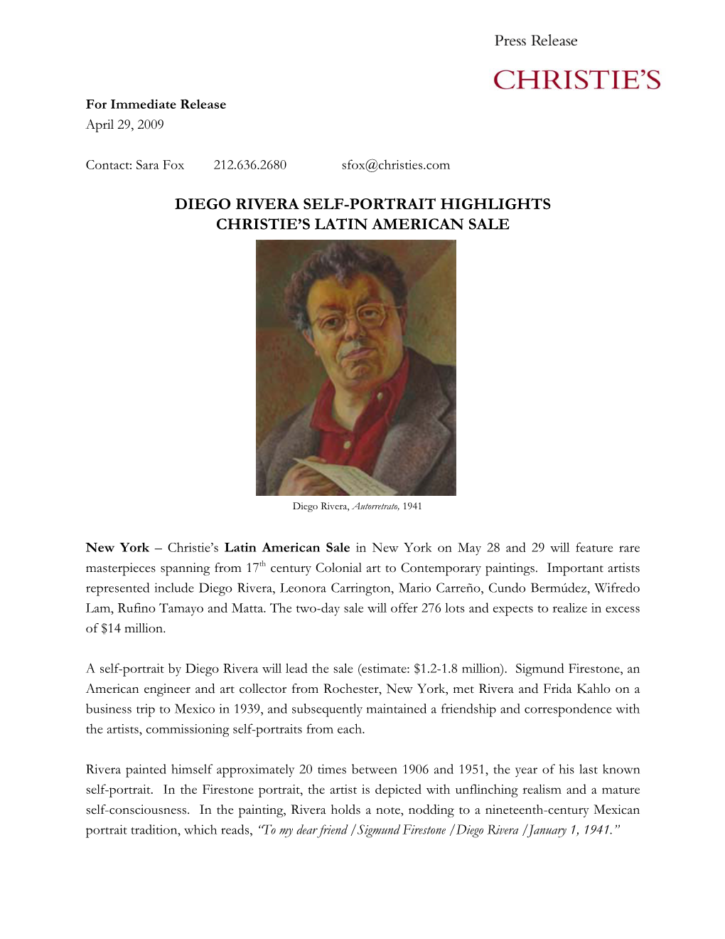 Diego Rivera Self-Portrait Highlights Christie's Latin American Sale