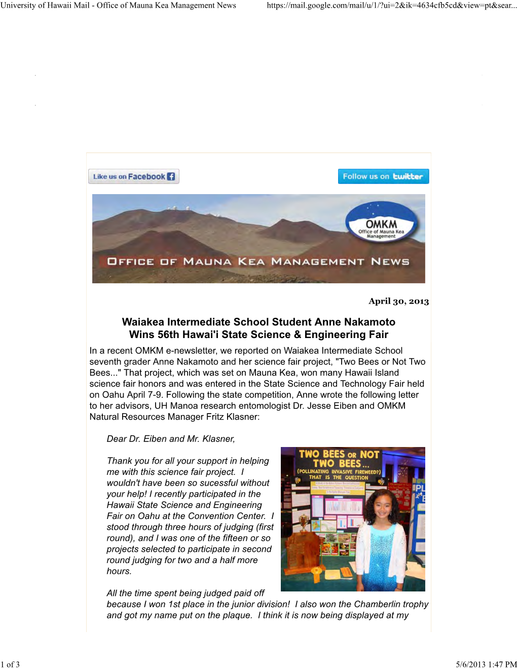 University of Hawaii Mail - Office of Mauna Kea Management News