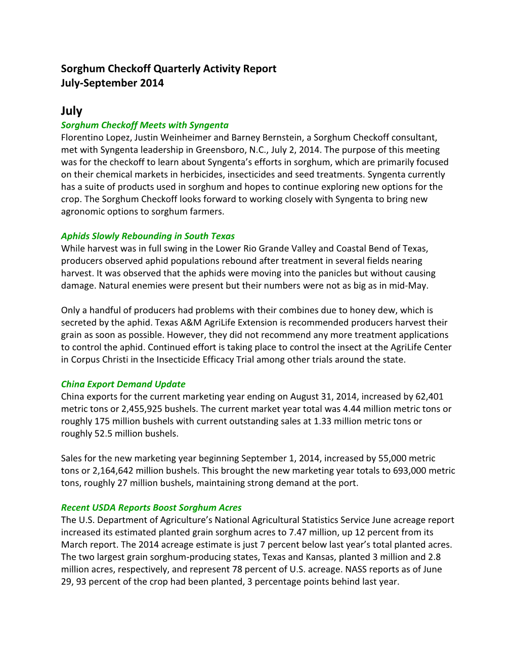 Sorghum Checkoff Quarterly Activity Report July-September 2014