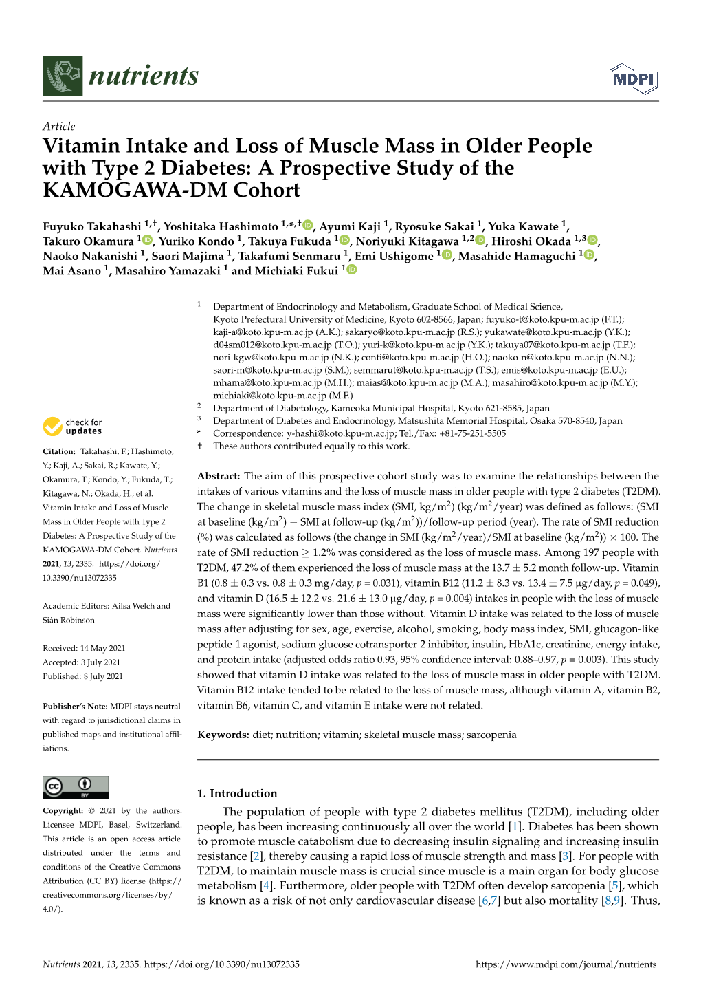 Vitamin Intake and Loss of Muscle Mass in Older People with Type 2 Diabetes: a Prospective Study of the KAMOGAWA-DM Cohort