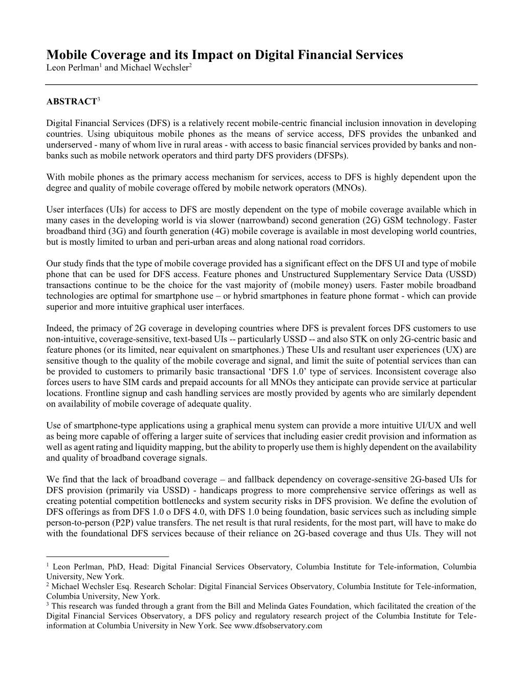 Mobile Coverage and Its Impact on Digital Financial Services Leon Perlman1 and Michael Wechsler2