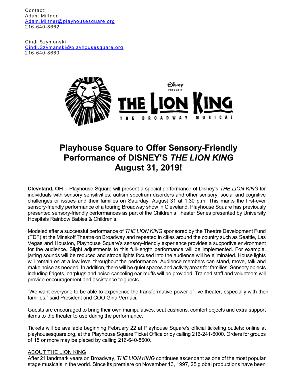 Playhouse Square to Offer Sensory-Friendly Performance of DISNEY’S the LION KING August 31, 2019!