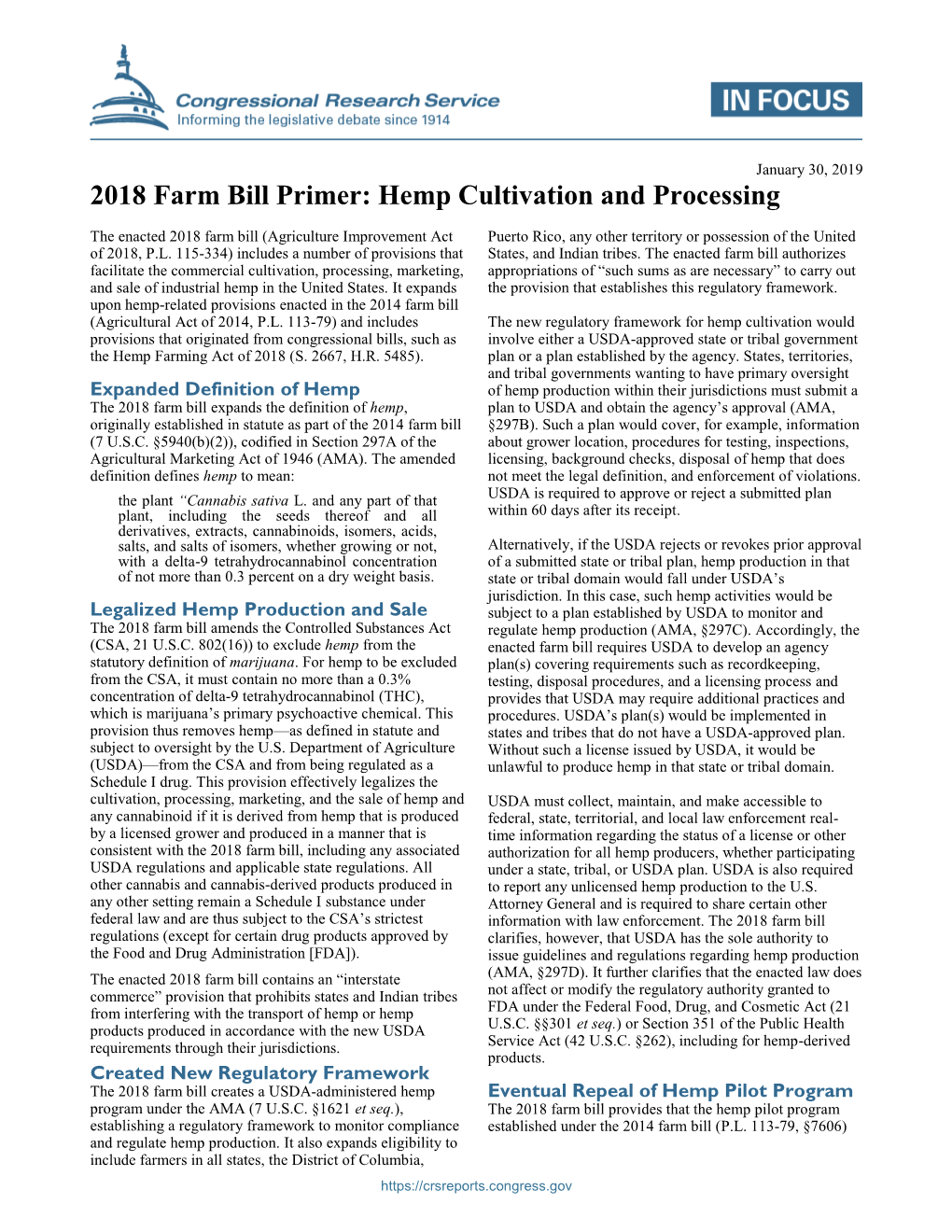 2018 Farm Bill Primer: Hemp Cultivation and Processing