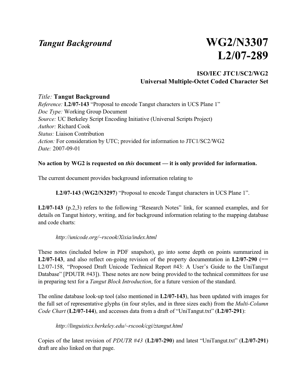 Tangut (Xixia) Script and Unicode (L2/07-289 = WG2/N3307)