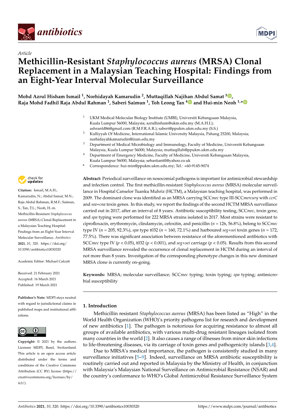Methicillin-Resistant Staphylococcus Aureus (MRSA) Clonal Replacement in a Malaysian Teaching Hospital: Findings from an Eight-Year Interval Molecular Surveillance