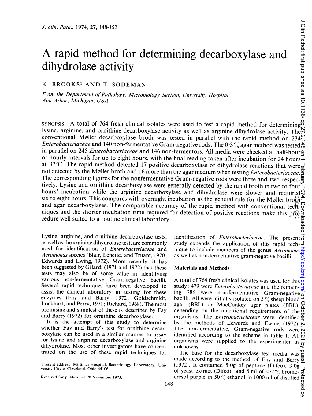 A Rapid Method for Determining Decarboxylase and Dihydrolase Activity