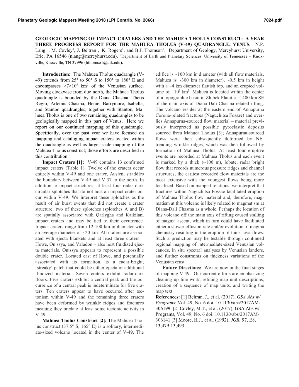 Geologic Mapping of Impact Craters and the Mahuea Tholus Construct: a Year Three Progress Report for the Mahuea Tholus (V-49) Quadrangle, Venus