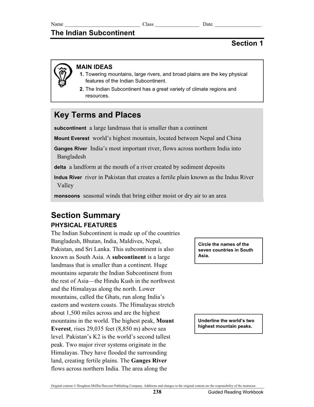 The Indian Subcontinent Section 1