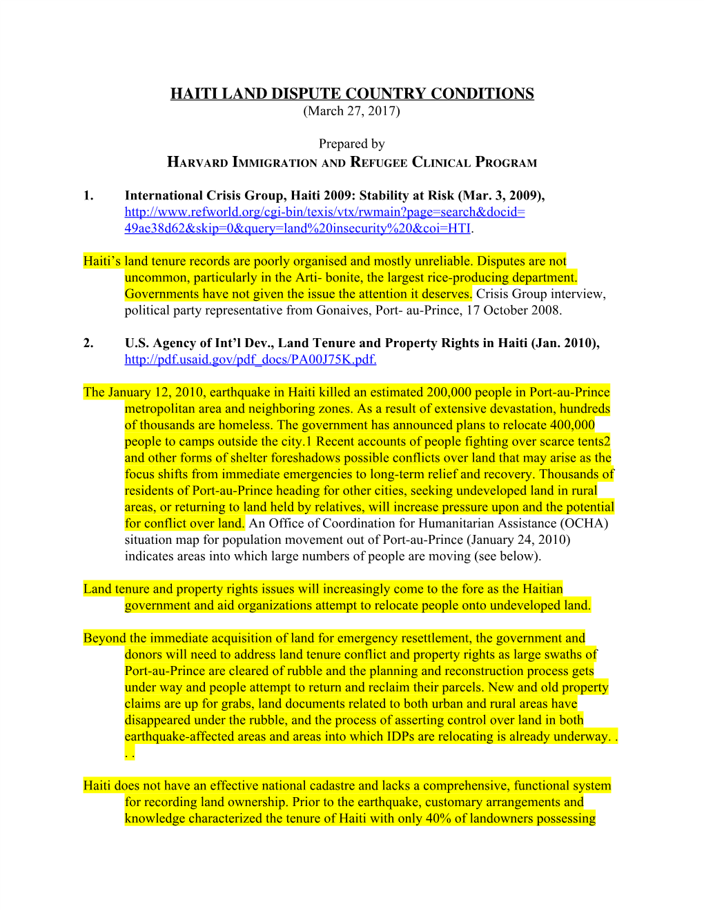 HAITI LAND DISPUTE COUNTRY CONDITIONS (March 27, 2017)