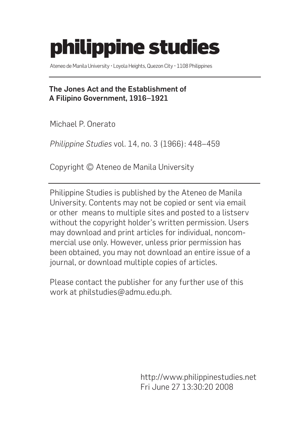 The Jones Act and the Establishment of a Filipino Government, 1916–1921