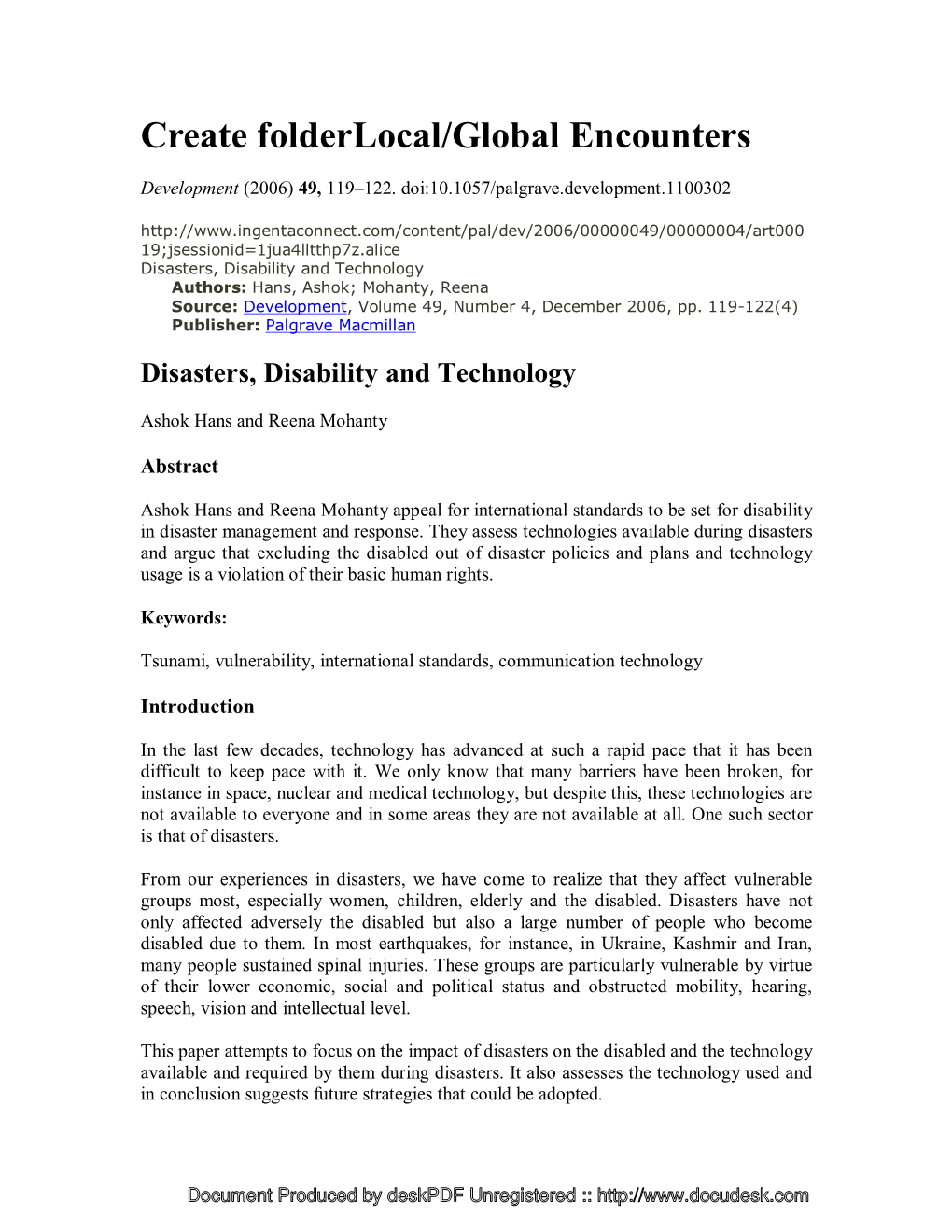 Article on Disaster, Disability & Technology