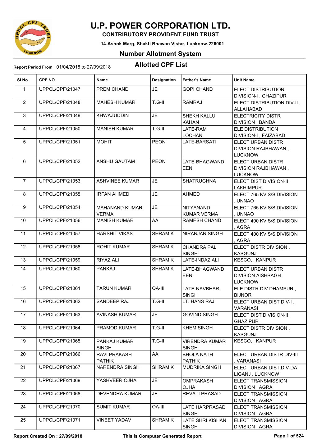 U.P. POWER CORPORATION LTD. CONTRIBUTORY PROVIDENT FUND TRUST 14-Ashok Marg, Shakti Bhawan Vistar, Lucknow-226001 Number Allotment System