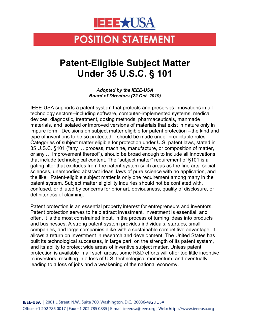 Patent-Eligible Subject Matter Under 35 U.S.C. § 101