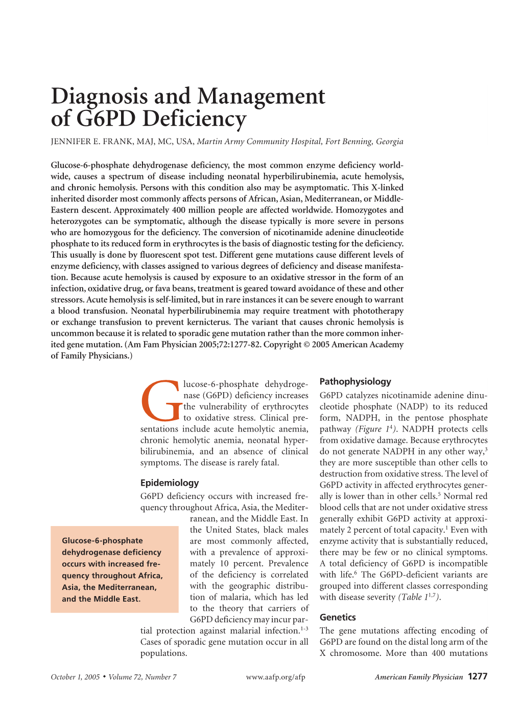 Diagnosis and Management of G6PD Deficiency Jennifer E