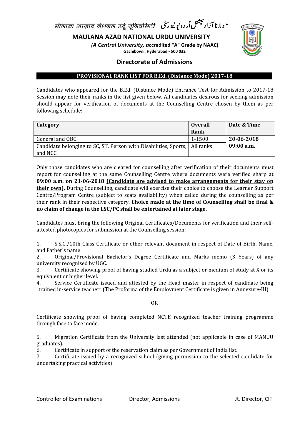 MAULANA AZAD NATIONAL URDU UNIVERSITY (A Central University, Accredited "A" Grade by NAAC) Gachibowli, Hyderabad - 500 032 Directorate of Admissions