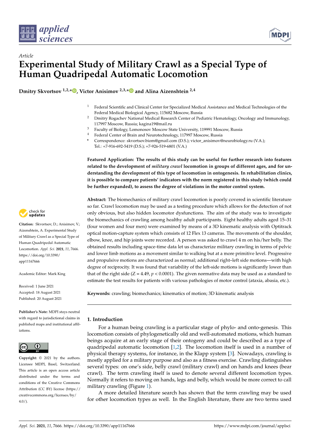 Experimental Study of Military Crawl As a Special Type of Human Quadripedal Automatic Locomotion