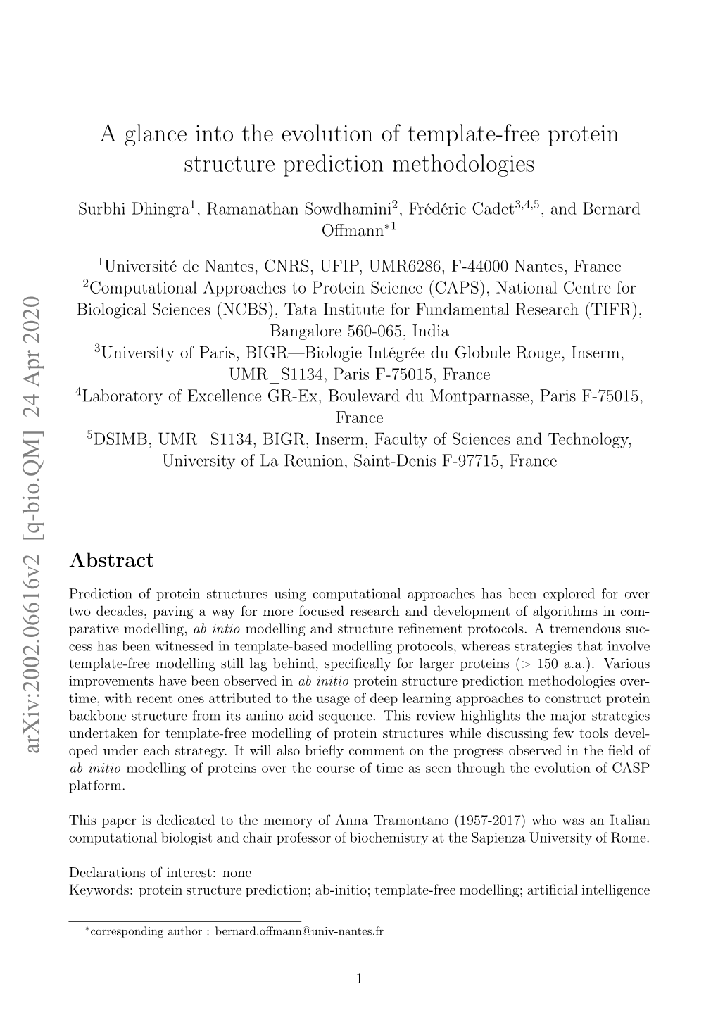 A Glance Into the Evolution of Template-Free Protein Structure Prediction Methodologies Arxiv:2002.06616V2 [Q-Bio.QM] 24 Apr 2