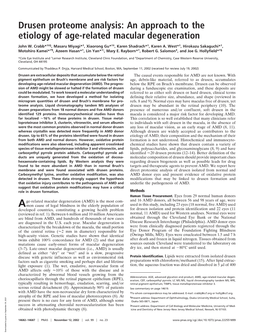 Drusen Proteome Analysis: an Approach to the Etiology of Age-Related Macular Degeneration