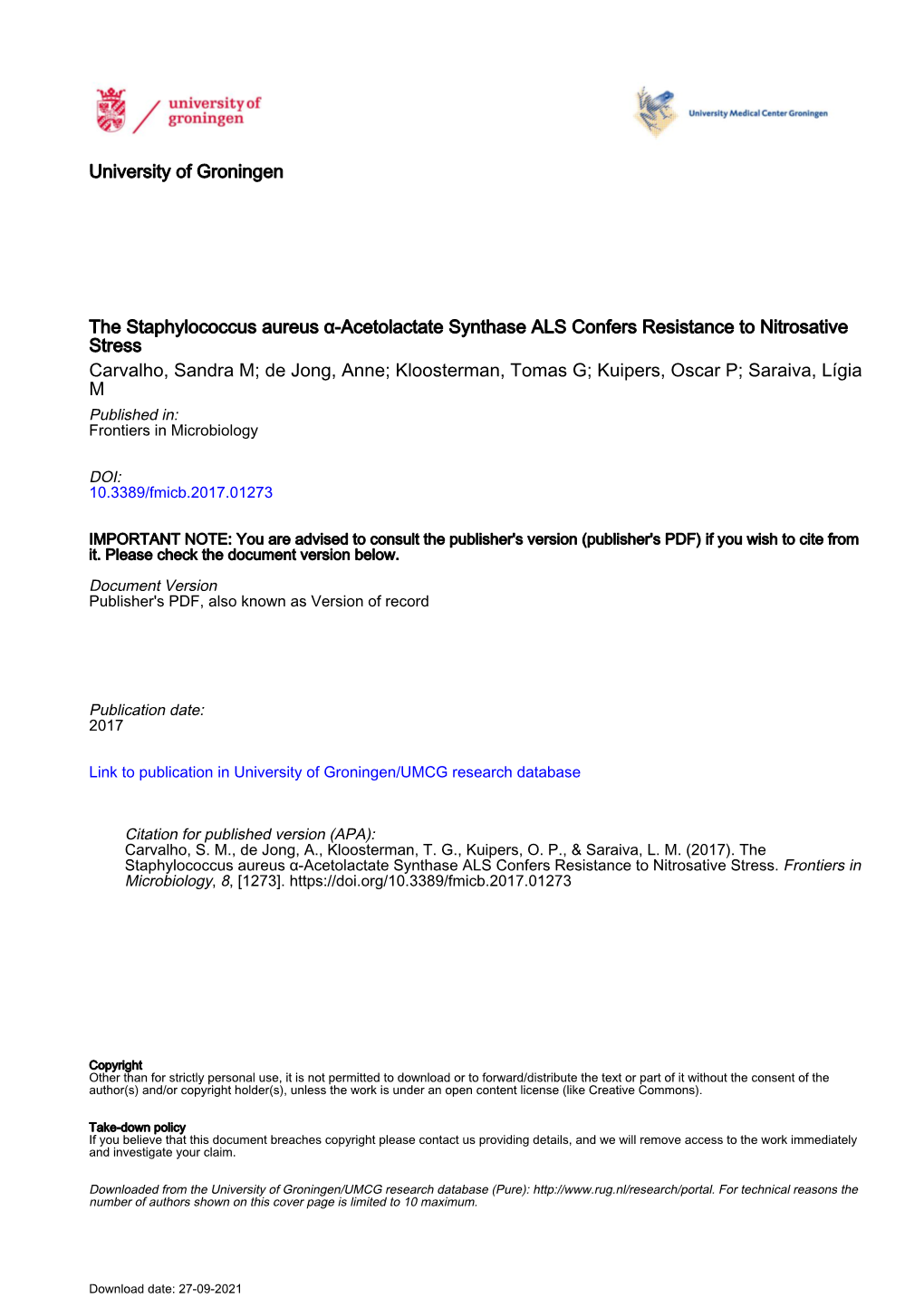 The Staphylococcus Aureus Α-Acetolactate Synthase ALS Confers