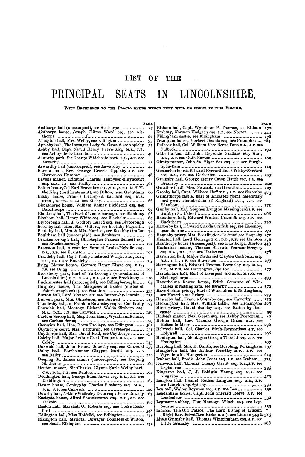 List of the Principal Seats in Lincolnshire