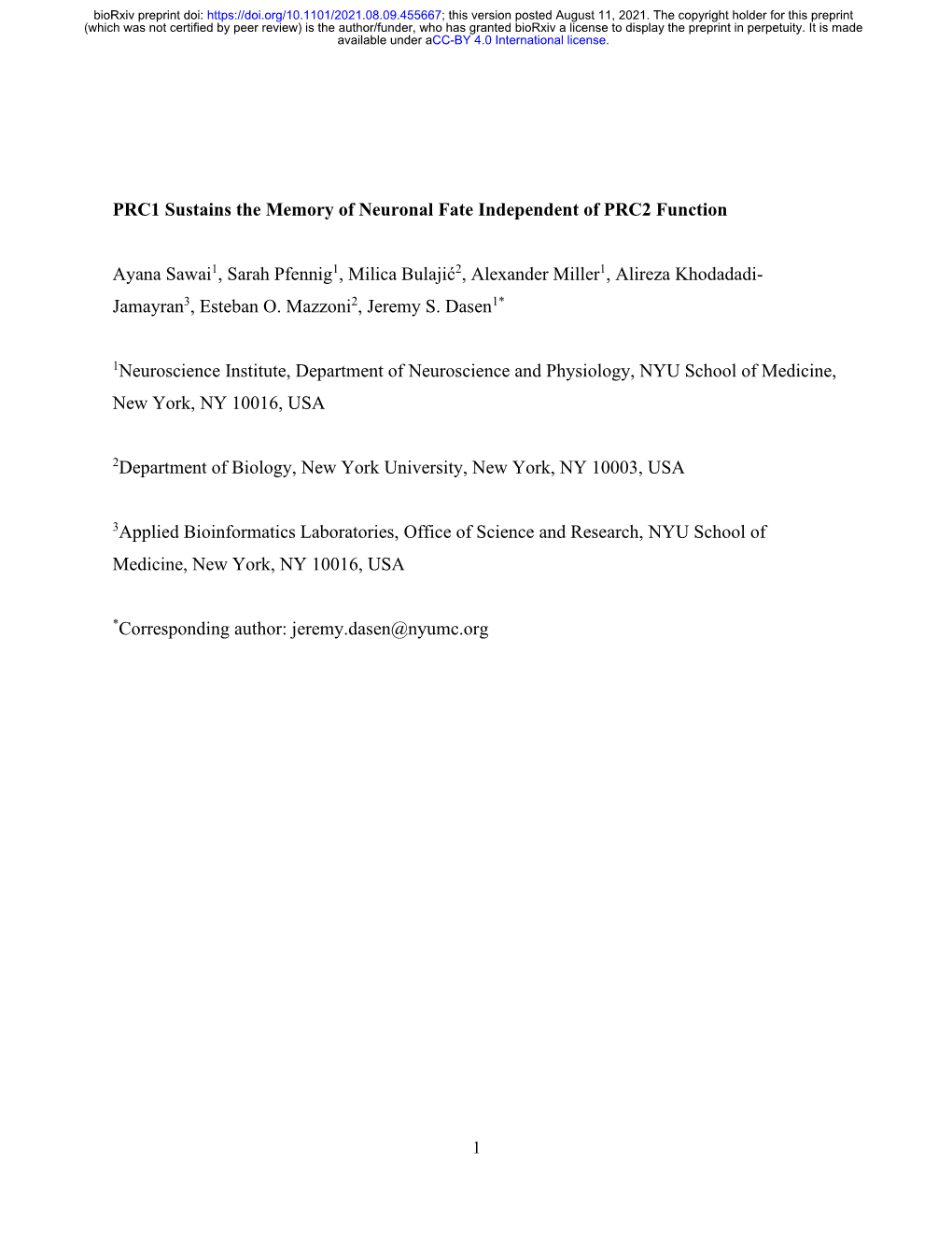 PRC1 Sustains the Memory of Neuronal Fate Independent of PRC2 Function