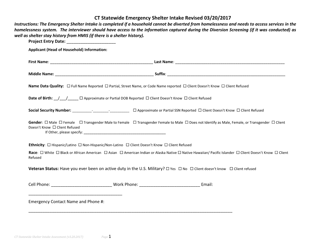 CT Statewide Emergency Shelter Intake Revised 03/20/2017