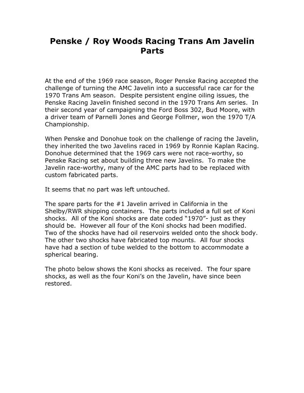 Penske / Roy Woods Racing Trans Am Javelin Parts