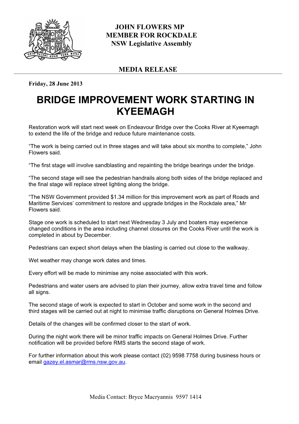 Bridge Improvement Work Starting in Kyeemagh