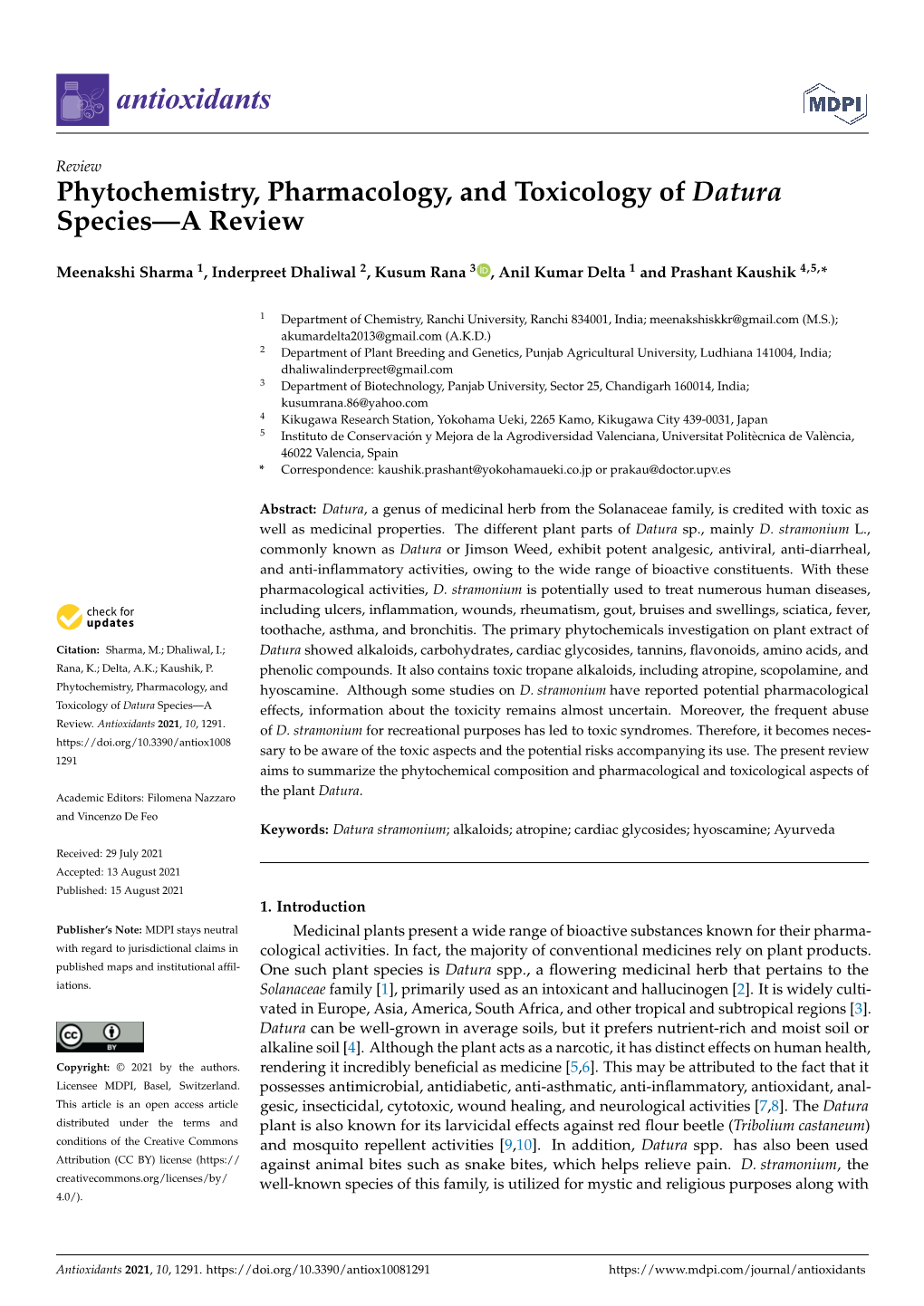 Phytochemistry, Pharmacology, and Toxicology of Datura Species—A Review