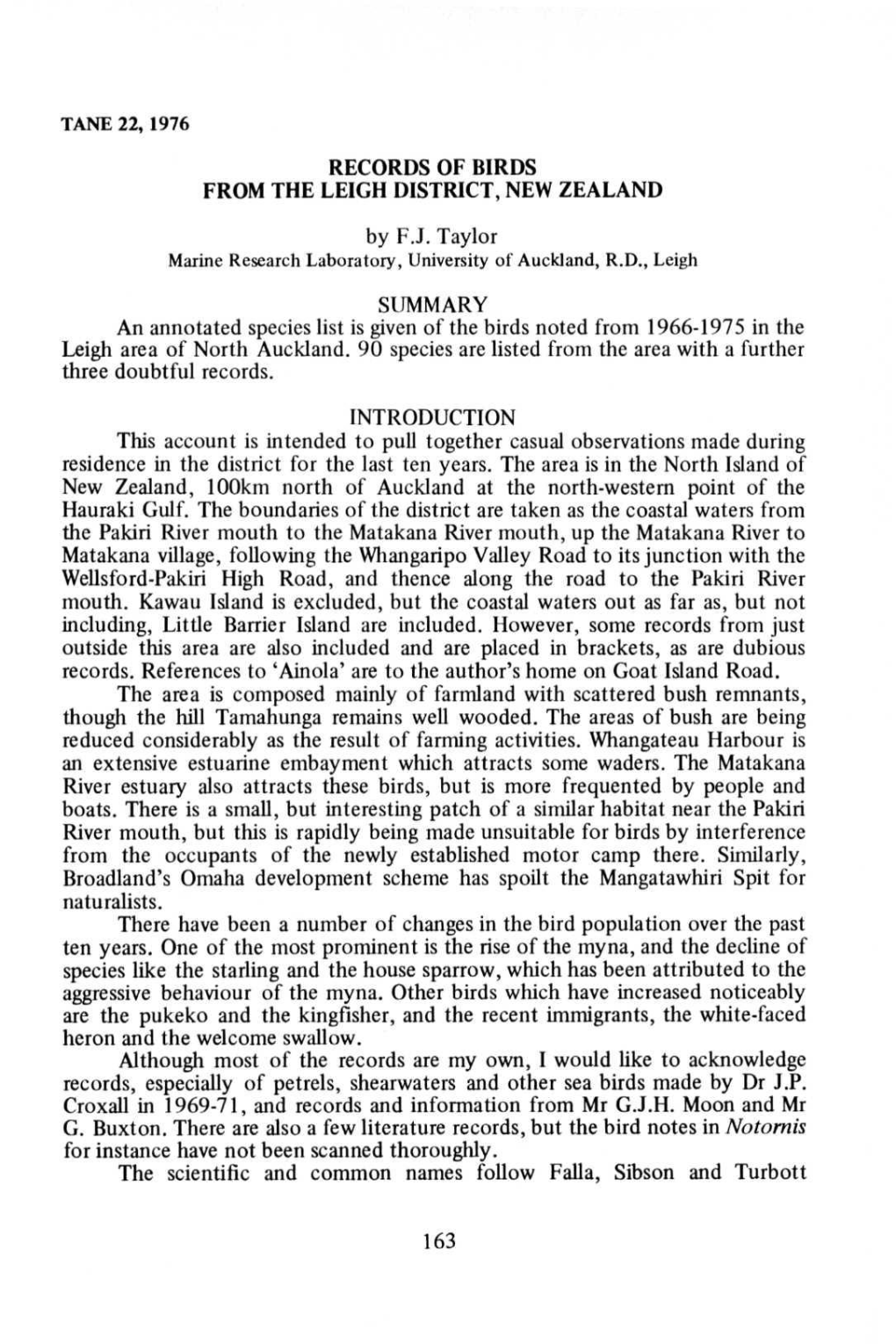 TANE 22, 1976 RECORDS of BIRDS from the LEIGH DISTRICT, NEW ZEALAND by F.J. Taylor Marine Research Laboratory, University Of