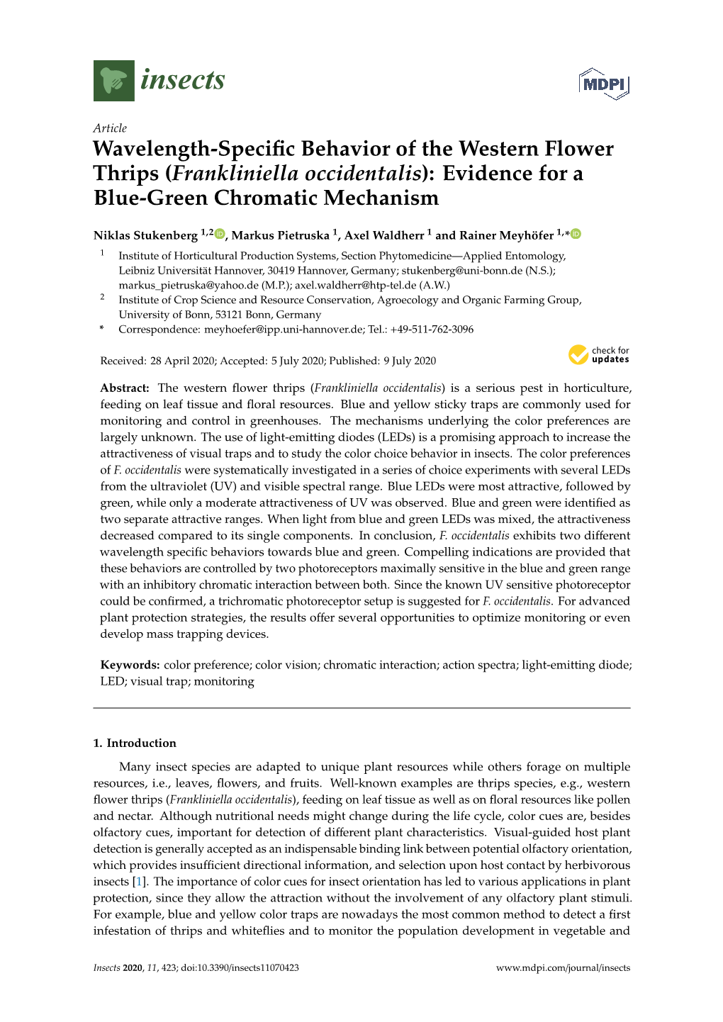 Wavelength-Specific Behavior of the Western Flower Thrips