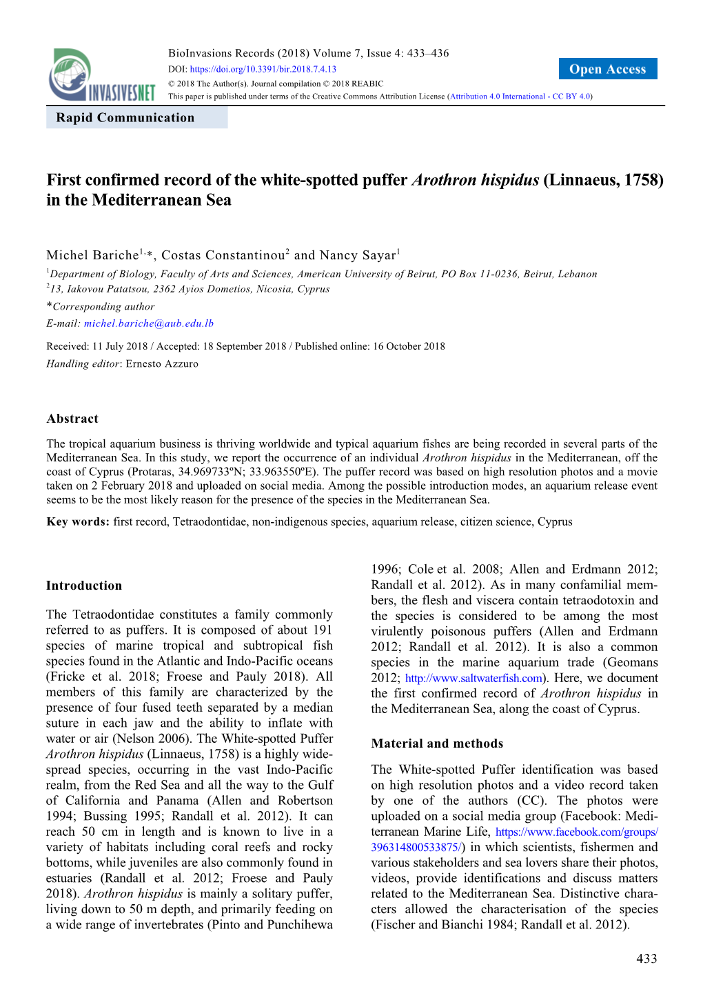 First Confirmed Record of the White-Spotted Puffer Arothron Hispidus (Linnaeus, 1758) in the Mediterranean Sea