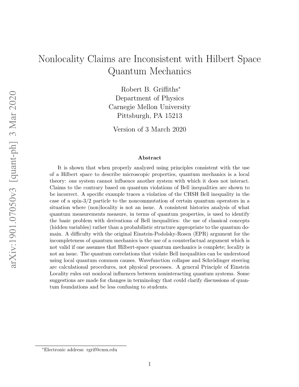 Nonlocality Claims Are Inconsistent with Hilbert Space Quantum