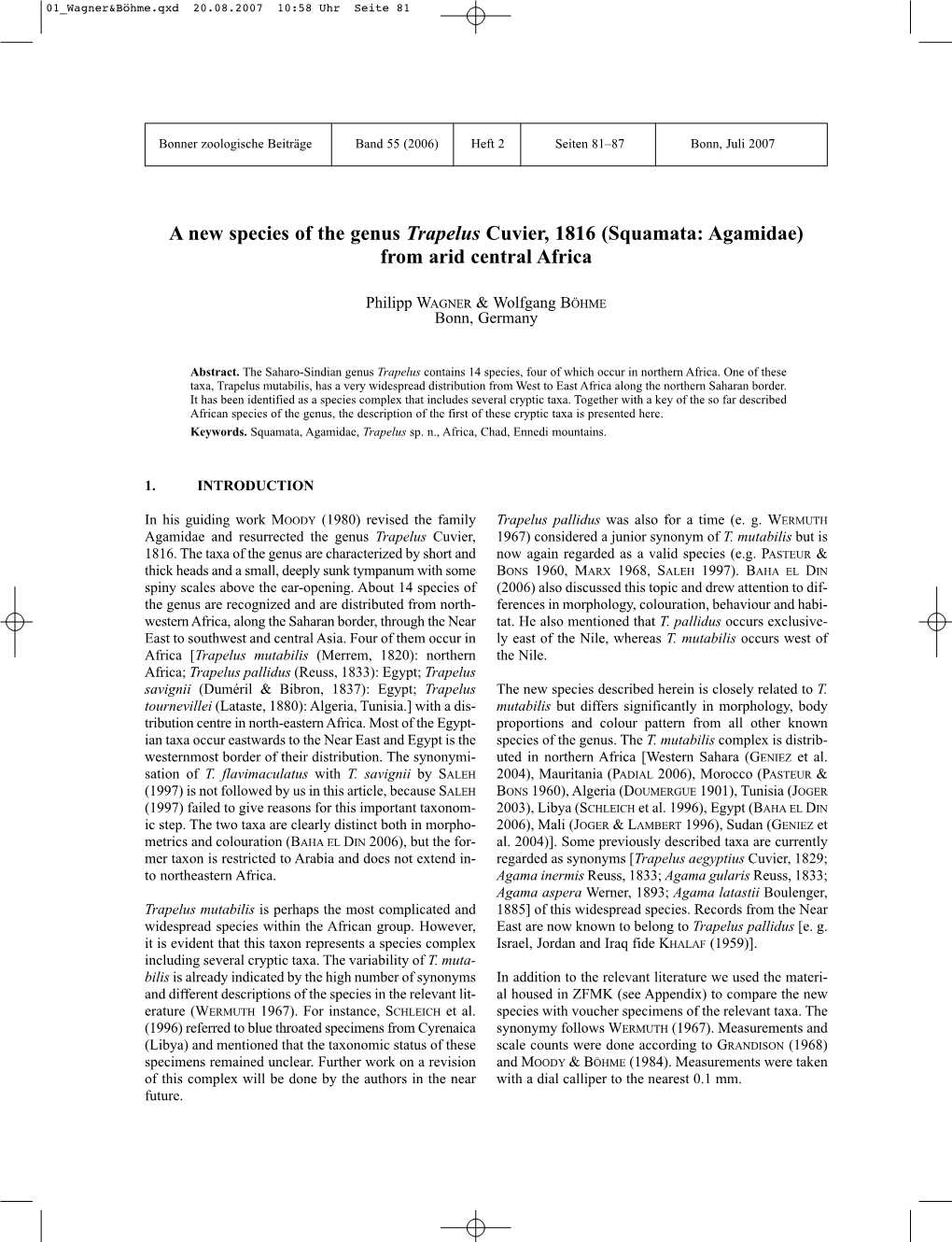 A New Species of the Genus Trapelus Cuvier, 1816 (Squamata: Agamidae) from Arid Central Africa