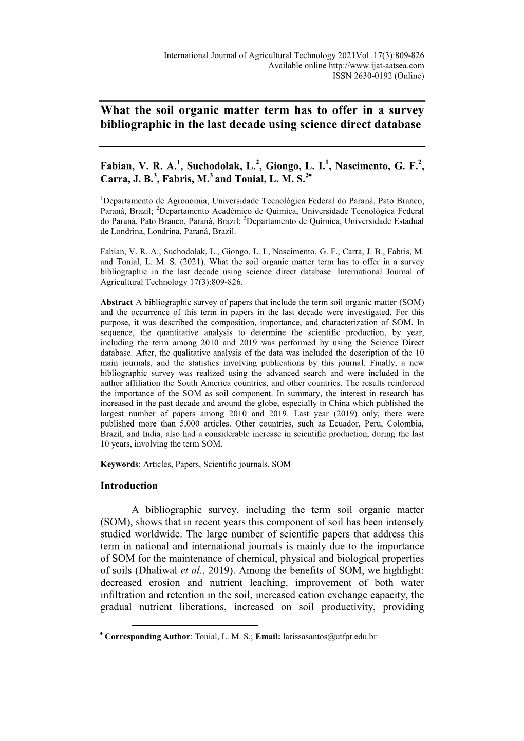 What the Soil Organic Matter Term Has to Offer in a Survey Bibliographic in the Last Decade Using Science Direct Database