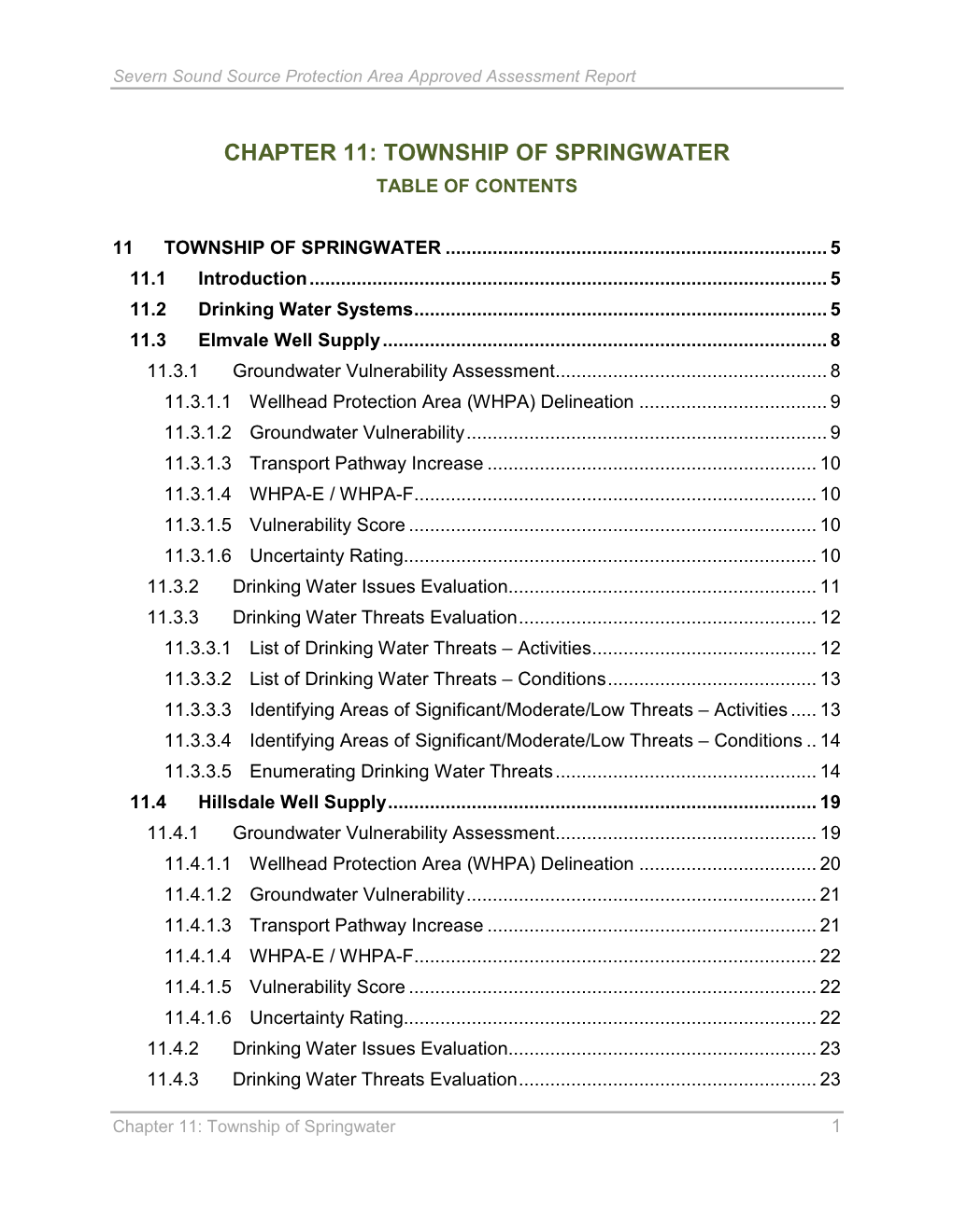 Chapter 11: Township of Springwater Table of Contents