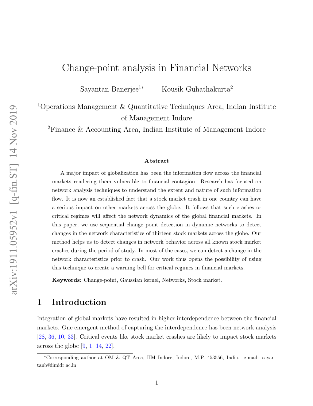 Change-Point Analysis in Financial Networks Arxiv:1911.05952V1 [Q-Fin