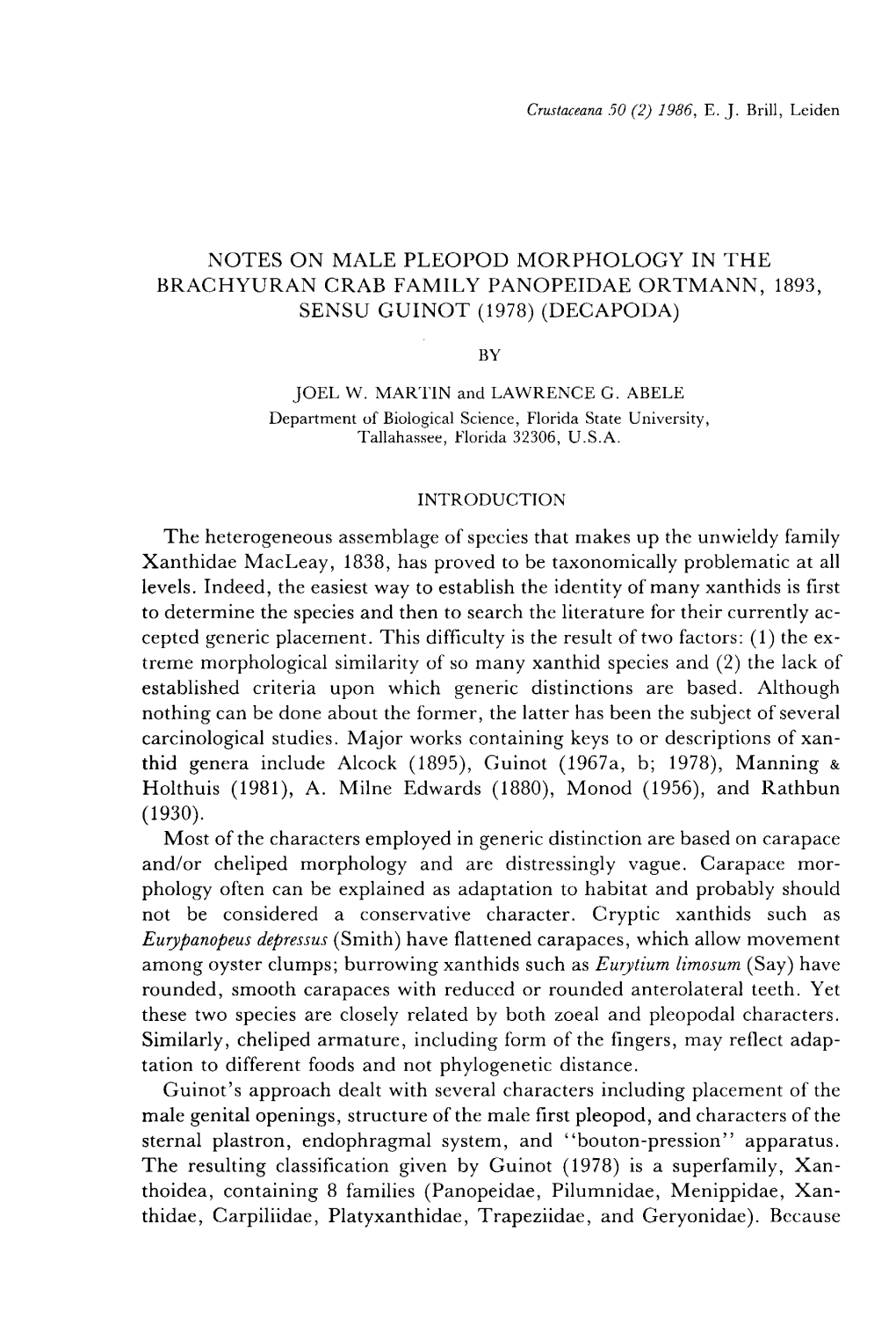 Notes on Male Pleopod Morphology in the Brachyuran Crab Family Panopeidae Ortmann, 1893, Sensu Guinot (1978) (Decapoda)