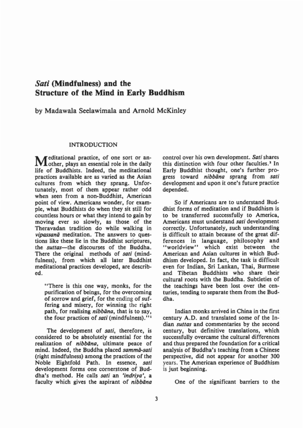 Mindfulness) and the Structure of the Mind in Early Buddhism