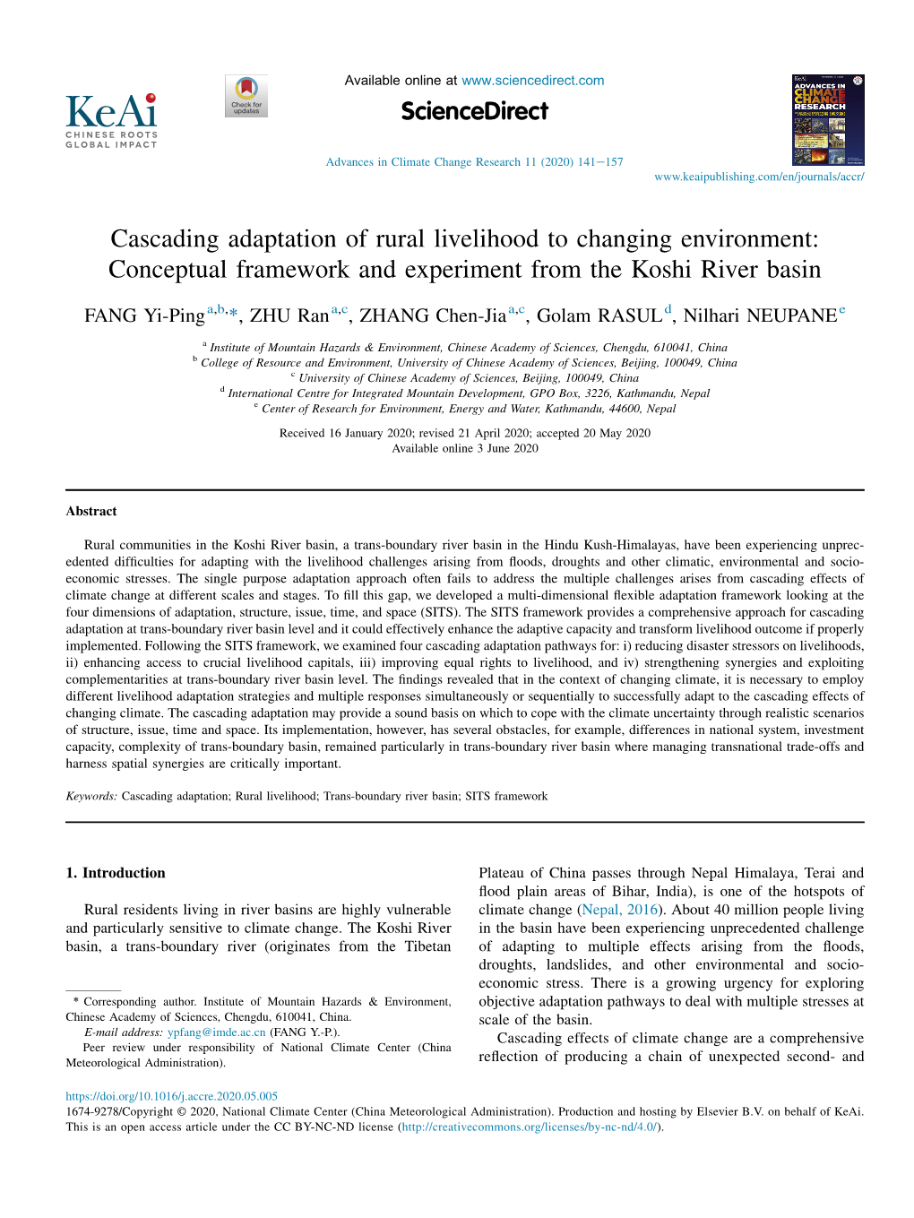 Cascading Adaptation of Rural Livelihood to Changing Environment: Conceptual Framework and Experiment from the Koshi River Basin