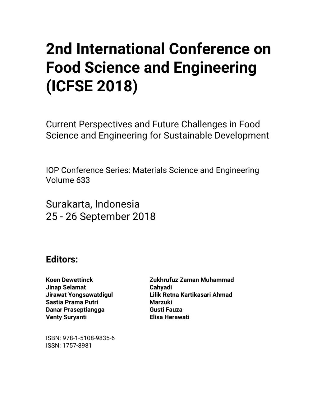 2Nd International Conference on Food Science and Engineering (ICFSE 2018)